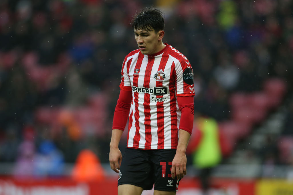 Luke O'Nien of Sunderland shows dejection during the Sky Bet Championship match between Sunderland and Stoke City at the Stadium Of Light in Sunderland, England, on December 7, 2024