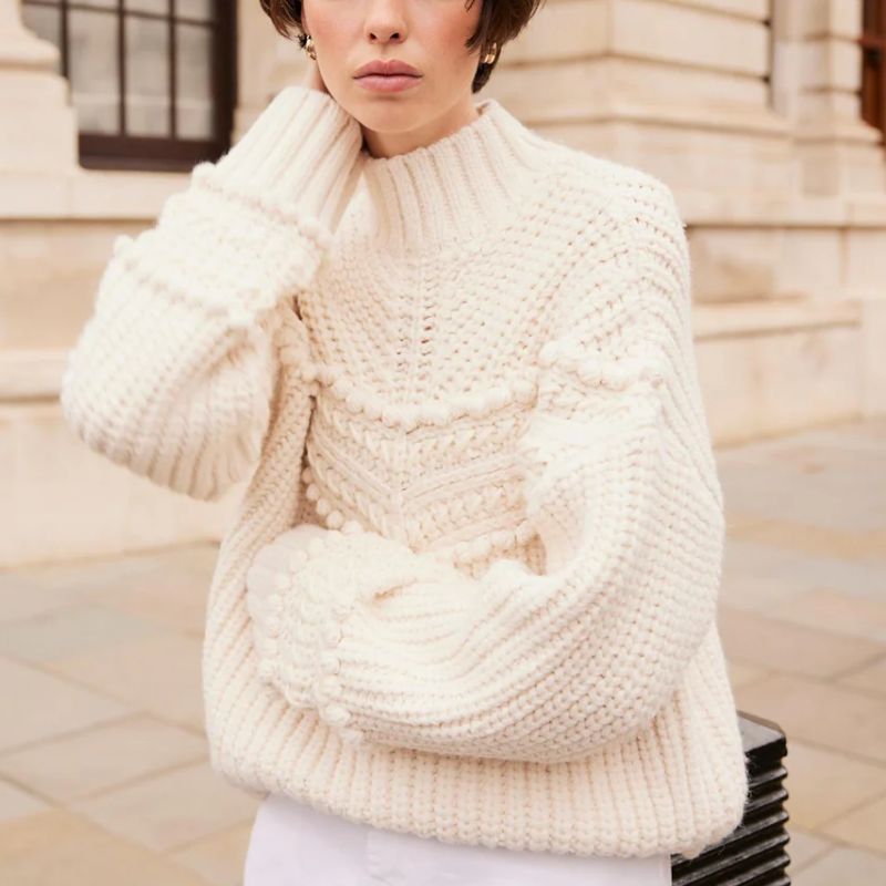 Cream Bobble Detail Knit Jumper on model