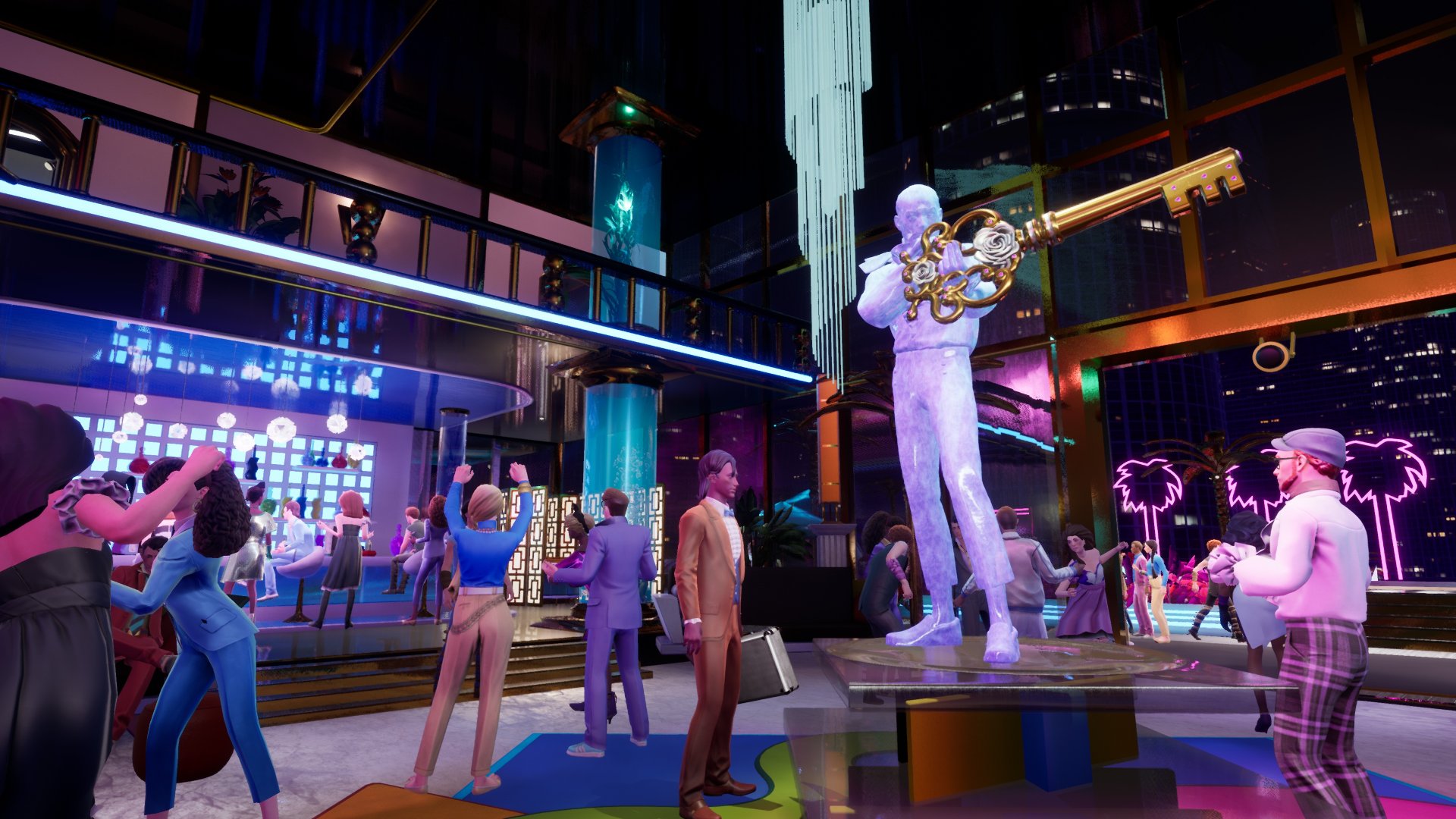 Snap and Grab screenshot showing a glitzy party with an ice sculpture in a 1980s setting