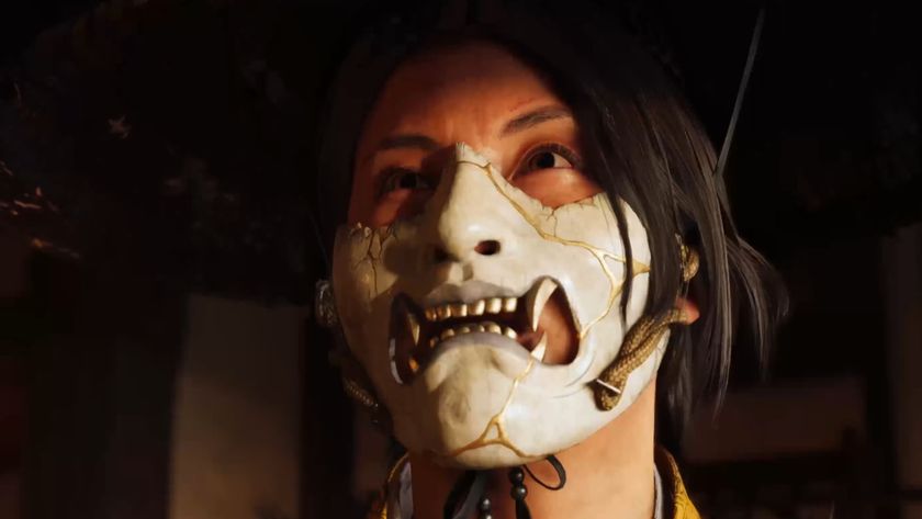 A closeup of Atsu wearing the ghost mask in Ghost of Yotei, which covers the lower half of her face, appearing as if the top half is cracked