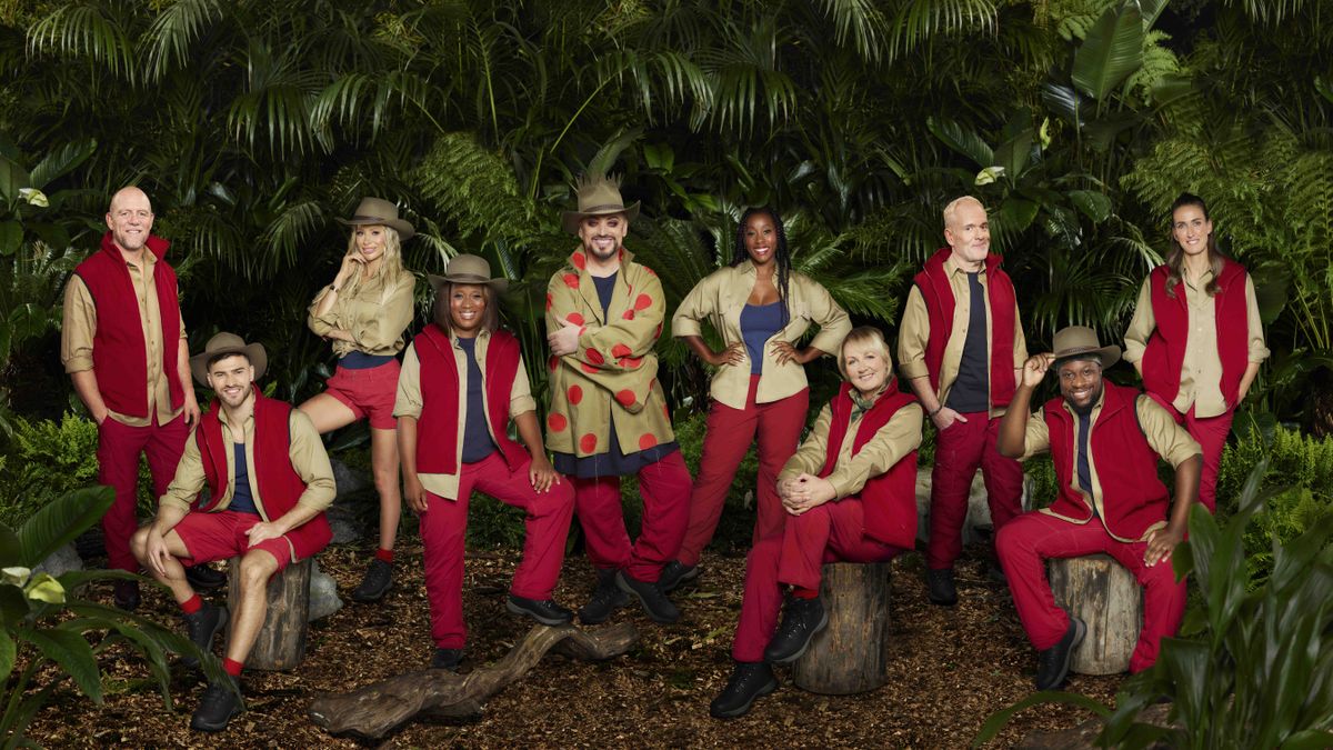 Mike Tindall MBE,, Owen Warner, Olivia Attwood, Charlene White, Boy George, Chantelle Douglas, Sue Cleaver, Chris Moyles, Babatúndé Aléshé and Jill Scott MBE decked out in the jungle gear for I&#039;m A Celeb 2022