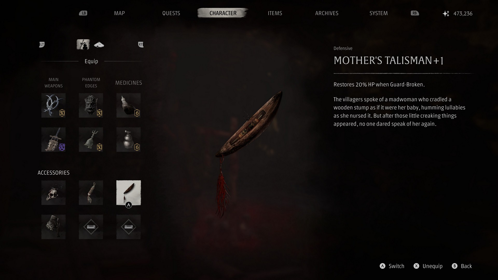Hovering over the Mother's Talisman +1 item in Phantom Blade Zero, which restores 20% HP when Guard-Broken
