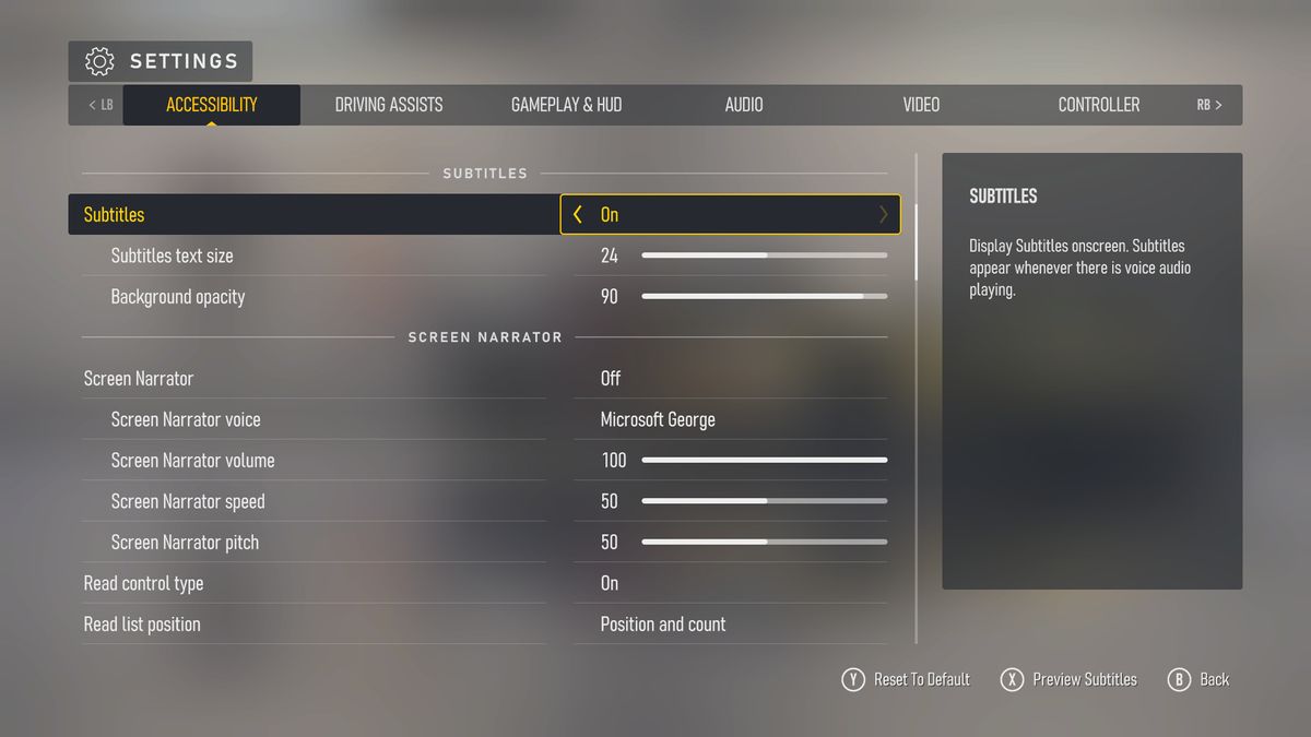 Screenshots of Forza Motorsport (2023)'s accessibility menus and settings.