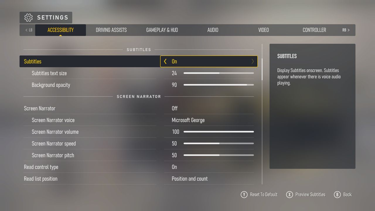 Screenshots of Forza Motorsport (2023)'s accessibility menus and settings.