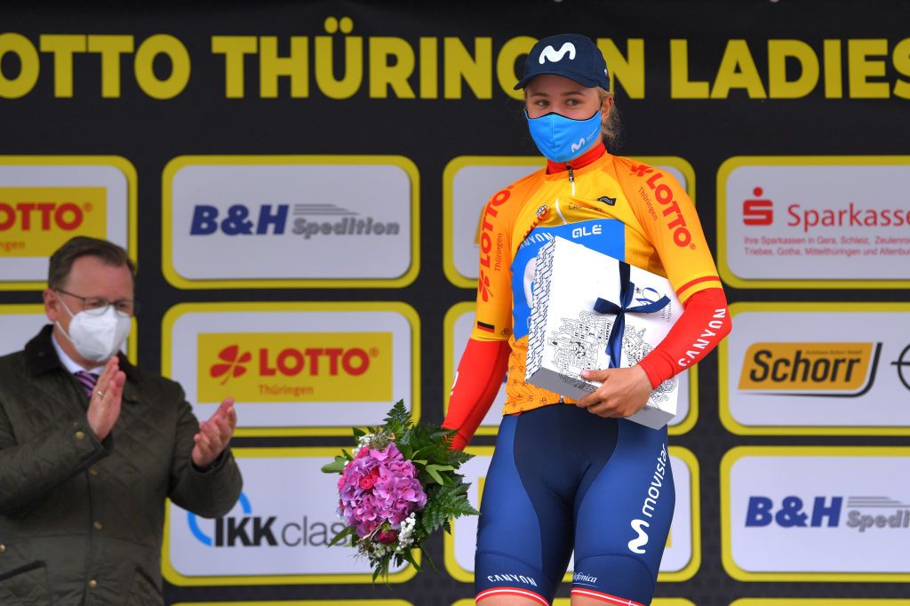 SCHMOLLN GERMANY MAY 25 Emma Norsgaard Jorgensen of Denmark and Movistar Team Yellow Leader Jersey celebrates at podium during the 34th Internationale LOTTO Thringen Ladies Tour 2021 Stage 1 a 899km stage from Schmolln to Schmolln ltlt2021 lottothueringenladiestour womencycling on May 25 2021 in Schmolln Germany Photo by Luc ClaessenGetty Images