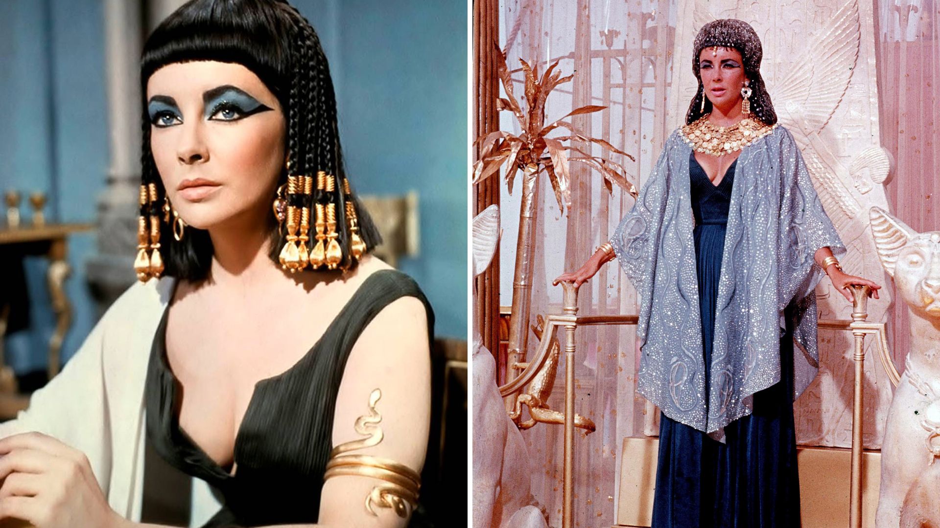 Two photos of Elizabeth Taylor filming Cleopatra
