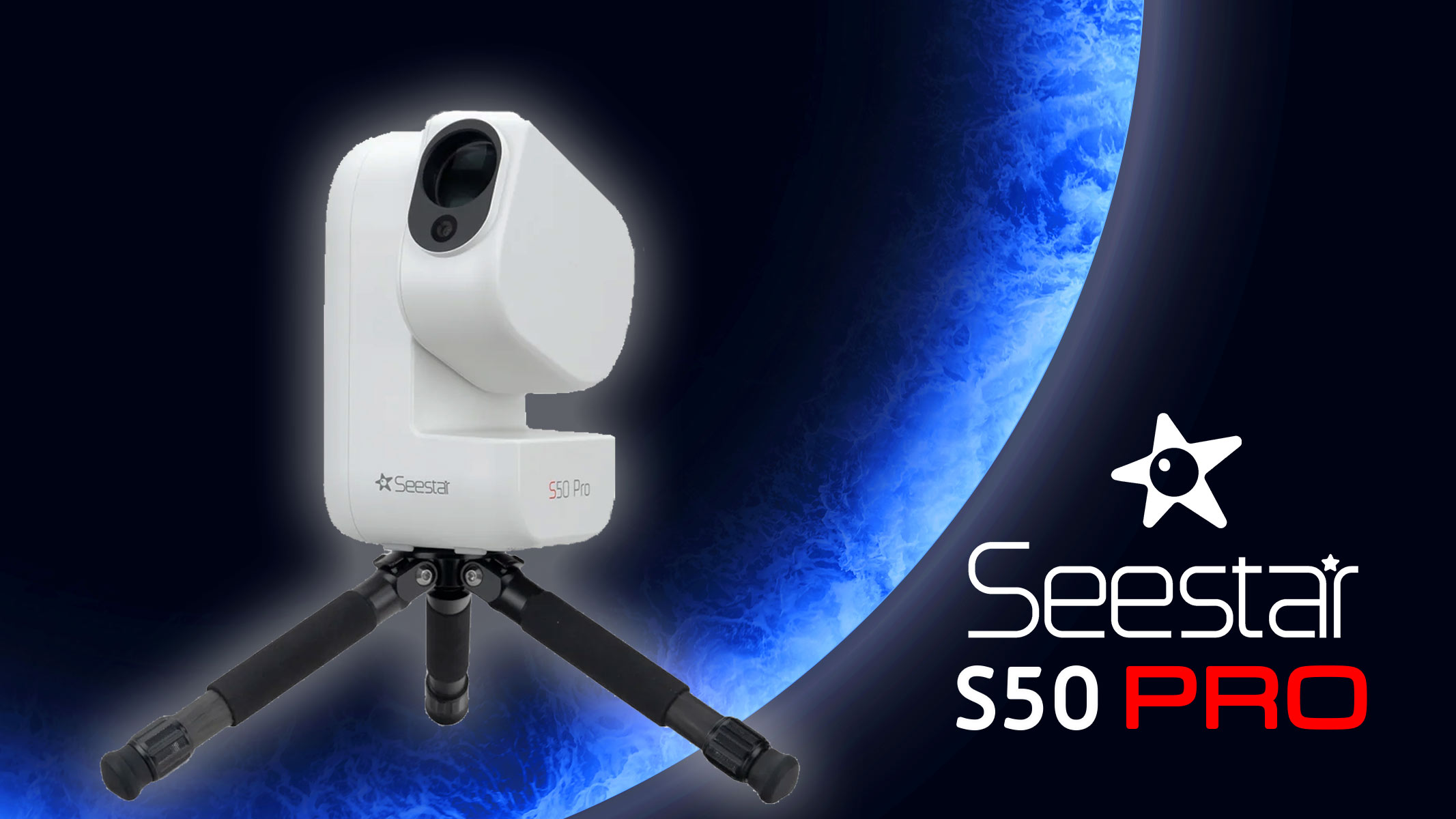 The ZWO Seestar S50 Pro against a blue planet background with the Seestar logo.