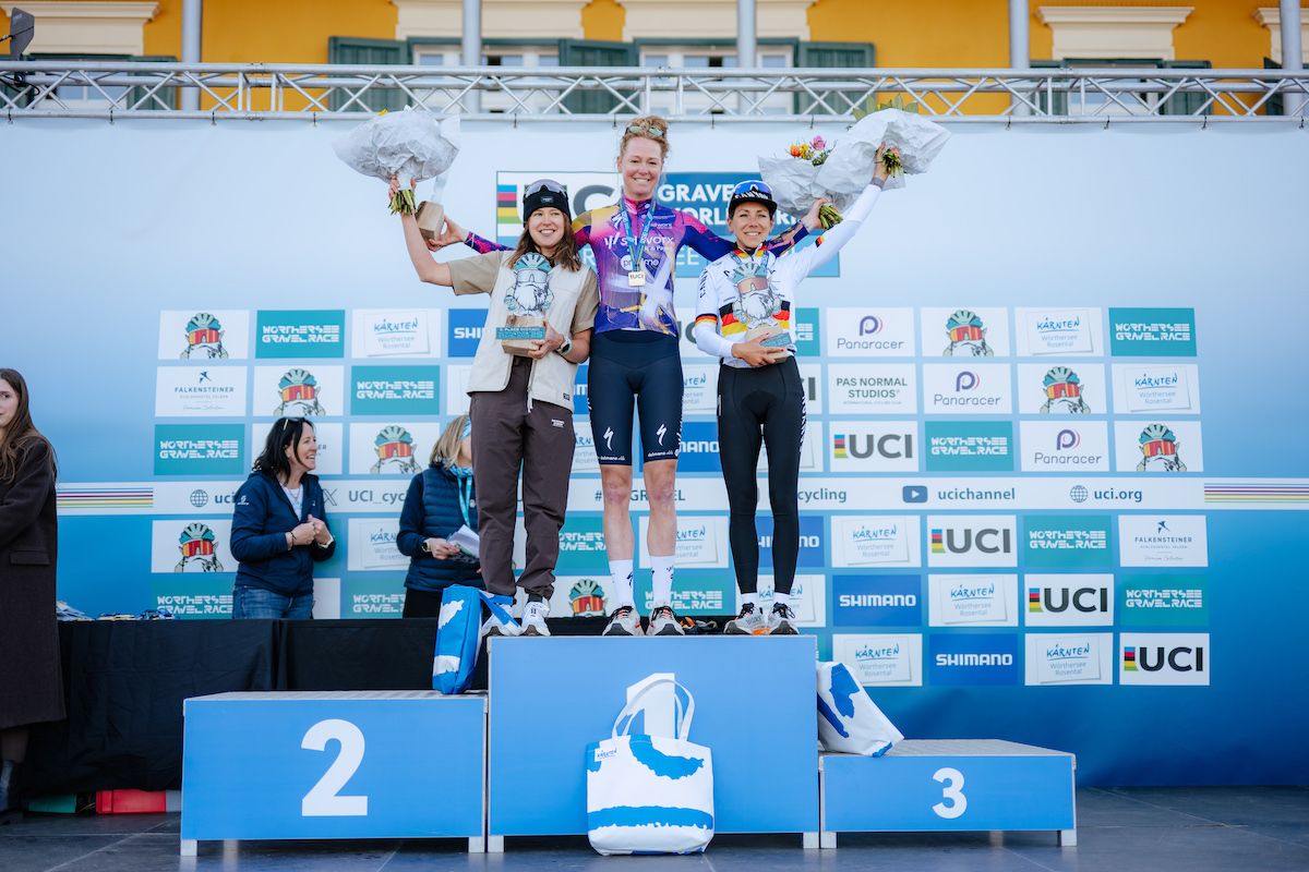 W&ouml;rthersee Gravel 2025, a round of the UCI Gravel World Series. Women's elite podium &ndash; Geerike Schreurs (SD Worx-Protime) first, Karolina Migoń (PAS Racing) second and Carolin Schiff (Canyon CLLCTV) third