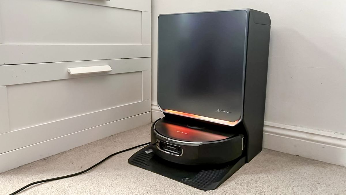 Narwhal Flow 2 robot vacuum in the docking station