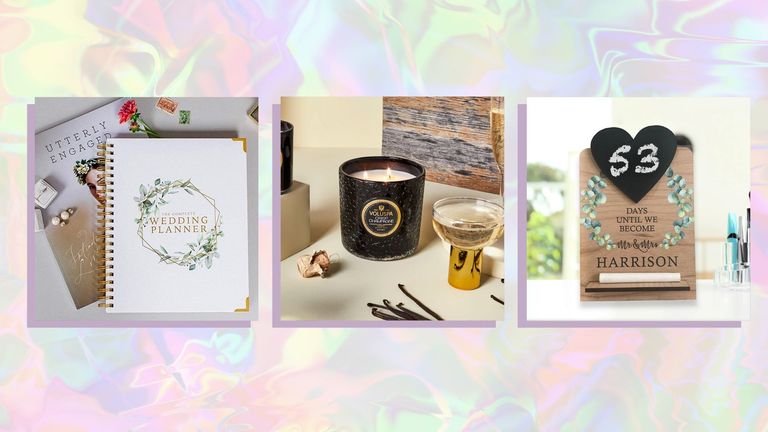 A selection of the best engagement gifts against a shimmery background