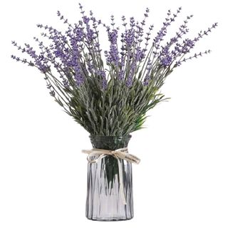 faux lavender plant in glass jar