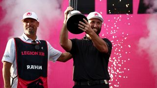 Jon Rahm with the trophy at LIV Golf United Kingdom