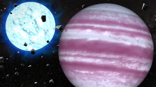 An illustration of a gas giant orbiting a white dwarf star