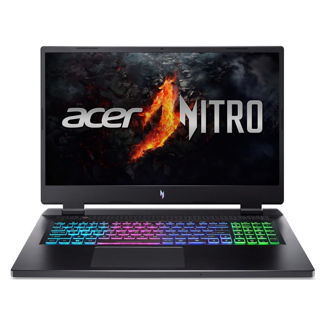 An open and powered on Acer Nitro 17 gaming laptop in front of a white background.