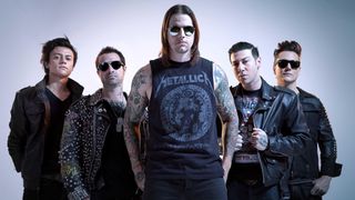 Avenged Sevenfold band portrait shot in NYC in 2013: M. Shadows, Zacky Vengeance, Synyster Gates, Johnny Christ, Arin Ilejay