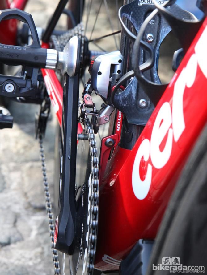 Rotor's new chain catcher uses a sliding lower section with a long, flat edge that should work better with the larger inner chainrings that will be used at Paris-Roubaix