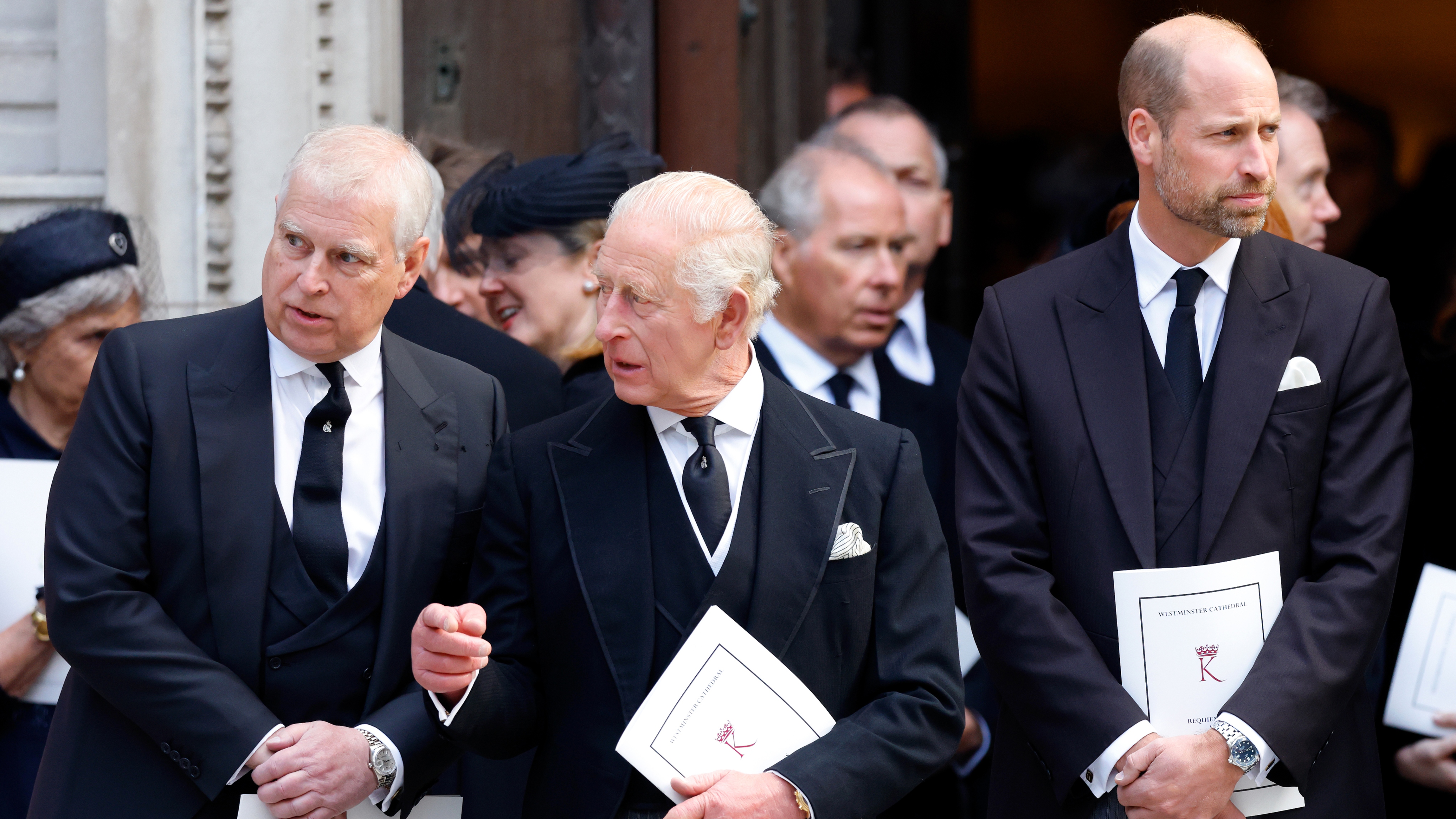 Andrew, King Charles III and Prince William, Prince of Wales attend Katharine, Duchess of Kent's Requiem Mass service