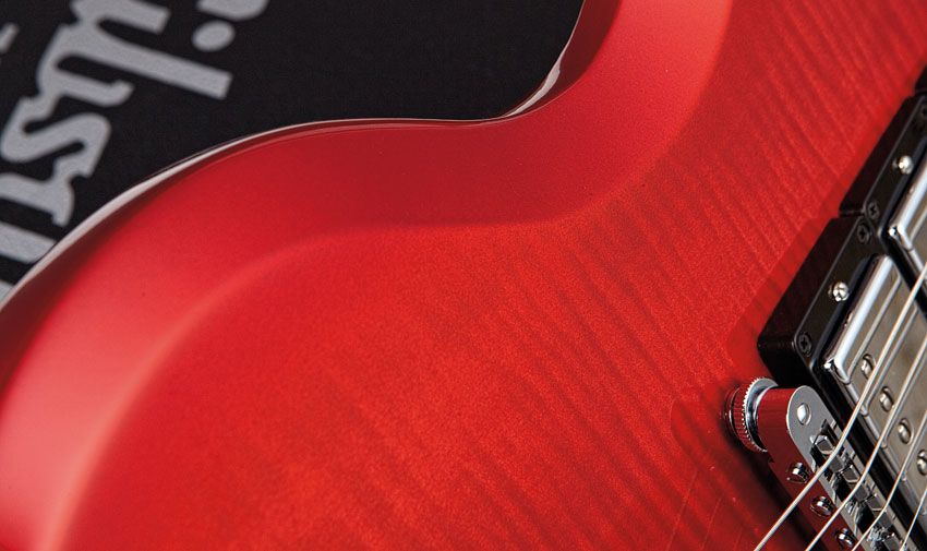 Maple atop mahogany isn't unusual for Gibson, but it is for an SG. The Red Fade finish cleverly goes solid where the two materials meet, meaning the join isn't visually jarring