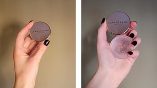 On the left, a close-up of Digital Beauty Writer, Naomi Jamieson holding the Anastasia Beverly Hills Brow Freeze wax against a green background and on the right, Naomi holding the product open - showing the wax inside - against a green background