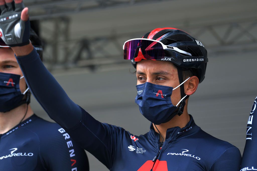 BELLEGARDE FRANCE FEBRUARY 03 Start Egan Arley Bernal Gomez of Colombia and Team INEOS Grenadiers during the 51st toile de Bessges Tour du Gard 2021 Stage 1 a 14355km stage from Bellegarde to Bellegarde 57m Mask Covid Safety Measures EDB2020 on February 03 2021 in Bellegarde France Photo by Luc ClaessenGetty Images