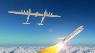 An artist's impression of the Stratolaunch Systems carrier aircraft releasing a rocket.
