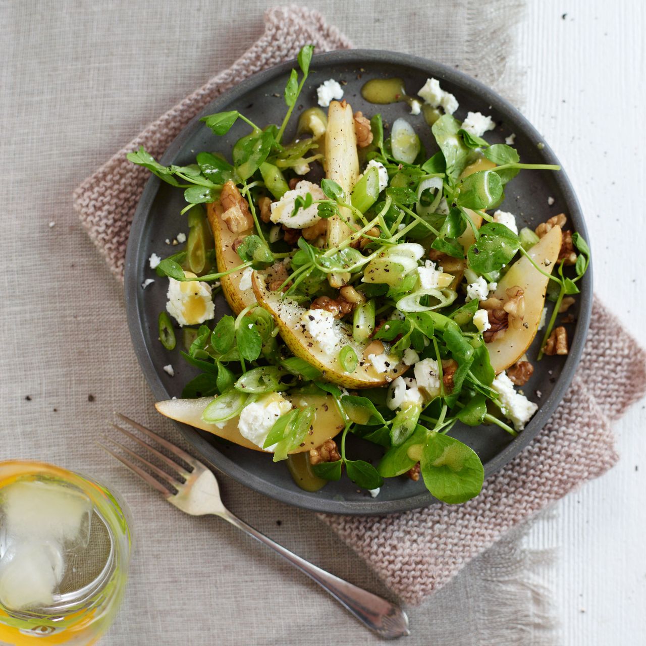 Photo: Pear, feta, walnut and pea shoot salad recipe