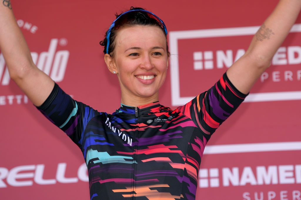 SIENA ITALY MARCH 09 Podium Katarzyna Niewiadoma of Poland and Team CanyonSRAM Celebration during the 5th Strade Bianche 2019 Women a 136km race from Siena to Siena Piazza del Campo StradeBianche Eroica on March 09 2019 in Siena Italy Photo by Luc ClaessenGetty Images