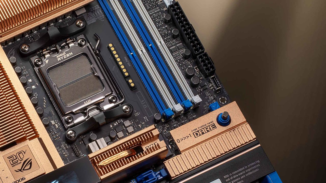 A promotional image of the Asus ROG Crosshair 2006 20th anniversary special edition motherboard