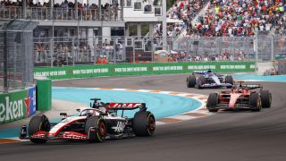 Drivers compete during the F1 Grand Prix of Miami at the Miami International Autodrome on May 07, 2023 in Miami Gardens, Florida, United States.