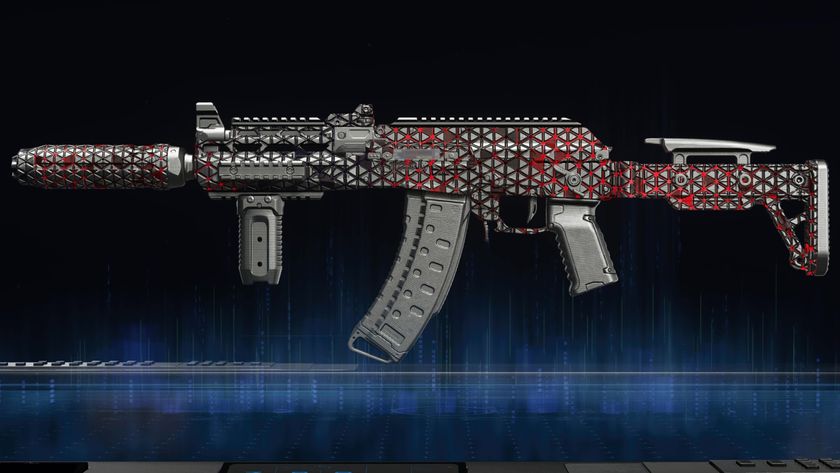 BO7 AK-27 loadout: The AK-27 with a red and black hexagon camo against a dark blue and black background.