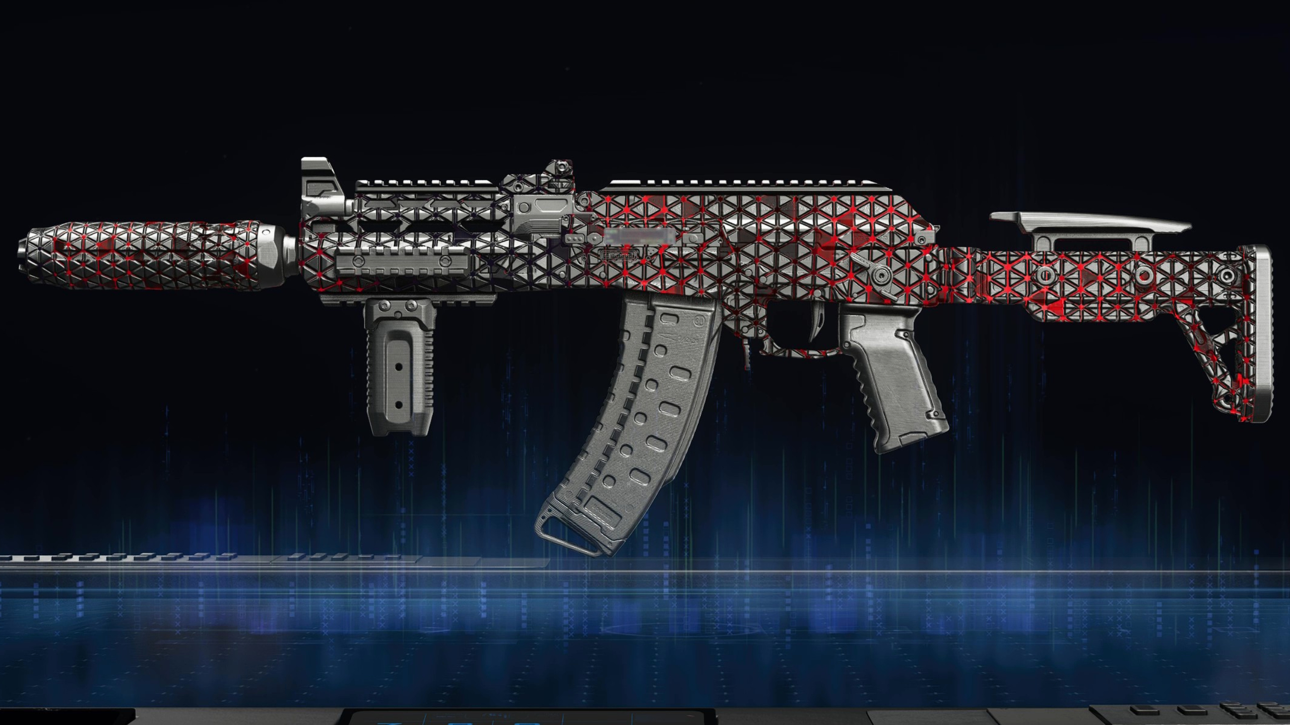 BO7 AK-27 loadout: The AK-27 with a red and black hexagon camo against a dark blue and black background.