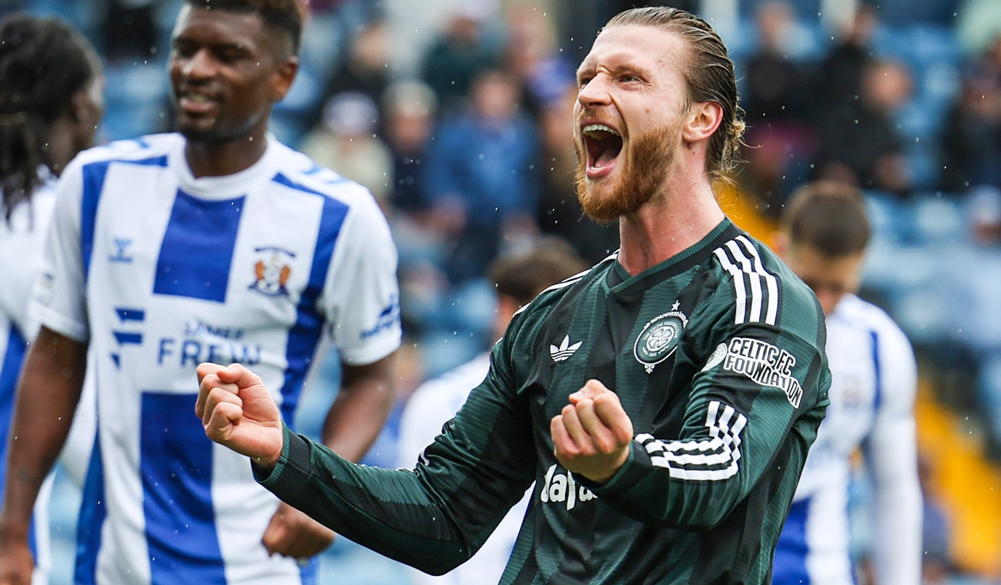Celtic's Kasper Hogh celebrates after Luke McCowan scores to make it 5-1 in a William Hill Premiership match against Kilmarnock at BBSP Stadium Rugby Park, on August 09, 2026, in Kilmarnock, Scotland