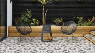 modern patio with patterned tiles