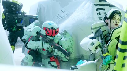 A squad of runners huddle together against a clinically stark white background, their gear dotted with color - in the Marathon key art