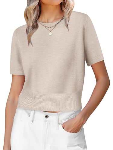 Anrabess Womens Short Sleeve Sweaters Cropped Crew Neck Business Casual Lightweight Sweater Tops 2026 Spring Summer Outfits Almond Medium