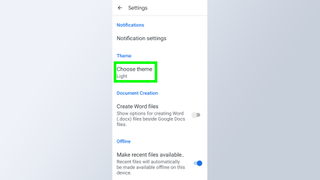 How to get dark mode in Google Docs - a screenshot of the menu in Google Docs with "choose theme" selected