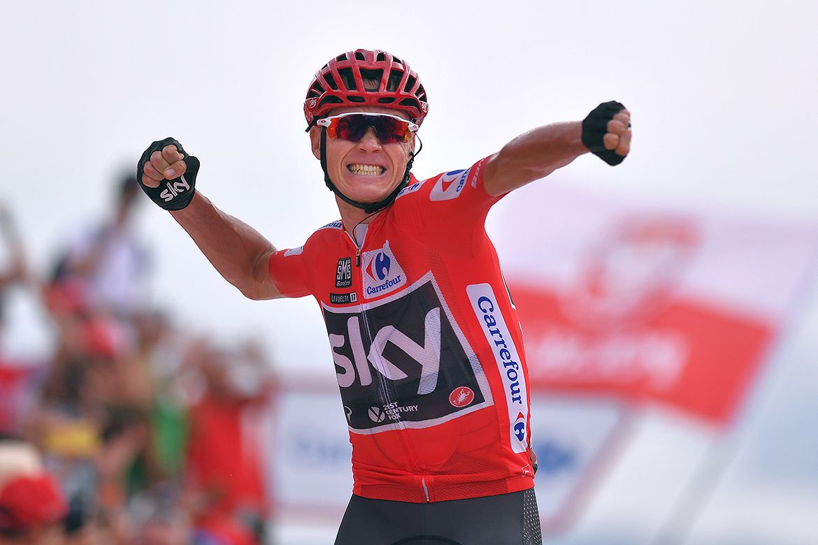 Chris Froome celebrates a Vuelta a Espa&ntilde;a stage win.