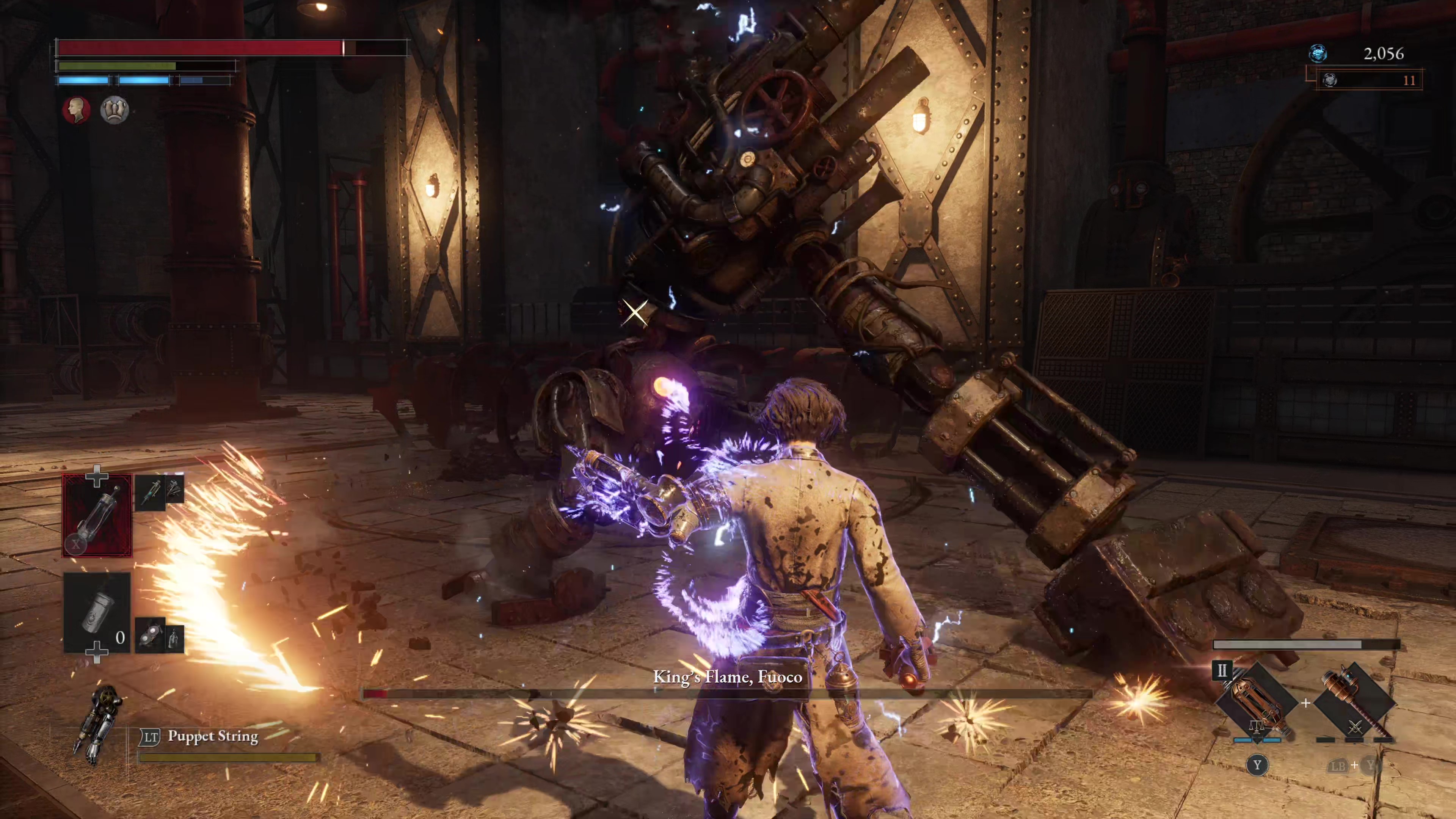 Captura de pantalla de Lies of P en el juego King's Flame, pelea contra el jefe Fuoco