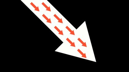 big white arrow full of little red arrows all pointing down with black backdrop