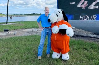 NASA Administrator Bill Nelson with astronaut Snoopy prior to the first attempt at the Artemis I launch at Kennedy Space Center in Florida.