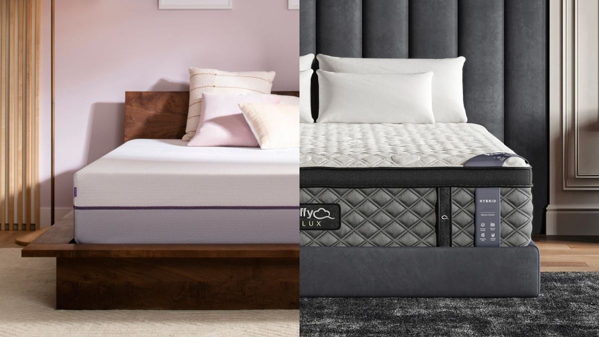 The image shows the Purple mattress on the left hand side of the image and the Puffy Lux on the right in a side by side comparison 