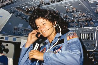 Seen on board the space shuttle Challenger, astronaut Sally Ride became the first U.S. woman in space on June 18, 1983.