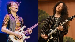 LEFT: American guitarist Steve Vai performs during a concert as part of the 'Inviolate Tour' at Auditorio Pabellon M on June 23, 2023 in Monterrey, Mexico. RIGHT: TOKYO, JAPAN - JULY 17: Musician Marty Friedman performs on stage during his Japan Heritage Special Live concert at Haneda airport on July 17, 2023 in Tokyo, Japan. 