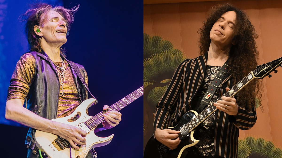 LEFT: American guitarist Steve Vai performs during a concert as part of the 'Inviolate Tour' at Auditorio Pabellon M on June 23, 2023 in Monterrey, Mexico. RIGHT: TOKYO, JAPAN - JULY 17: Musician Marty Friedman performs on stage during his Japan Heritage Special Live concert at Haneda airport on July 17, 2023 in Tokyo, Japan. 