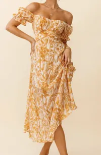 LINKA OFF-SHOULDER TIE BACK MIDI DRESS PRINTED ORANGE, $80 (£62) | Selfie Leslie