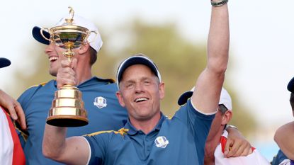 Luke Donald with the Ryder Cup after Team Europe's win