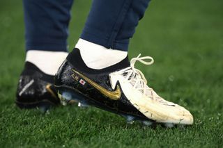 Daichi Kamada of SS Lazio&#039;s personalised Nike Phantom football booots beareing a Japan flag during the warm up prior to the UEFA Champions League 2023/24 round of 16 first leg match between SS Lazio and FC Bayern München at Stadio Olimpico on February 14, 2024 in Rome, Italy.