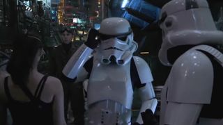 Star Wars: Underworld test footage showing a pair of Imperial Stormtroopers on a busy street.