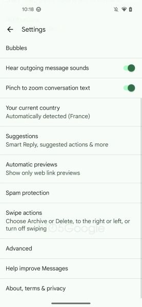 Google Messages "Swipe actions" settings