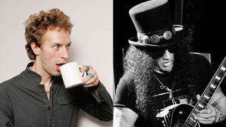A composite picture showing a surprised looking Chris Martin and Slash playing his guitar
